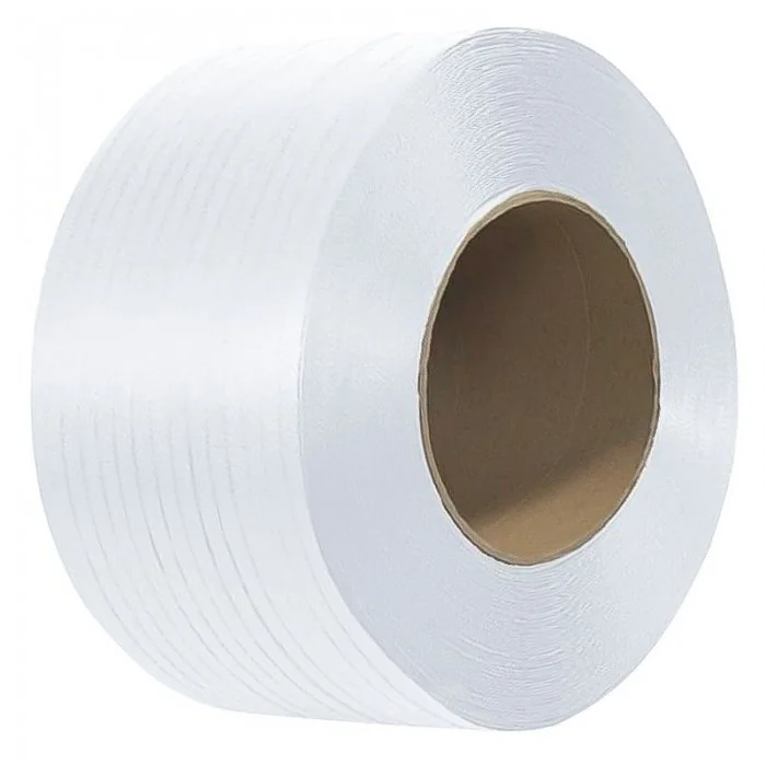 Banda De Legat Din Poliester Lungime 600 m, Latime 16 mm, Rezistenta La Rupere 600 kgf, Culoare Alb-Benzi Pentru Legare Si Pa...