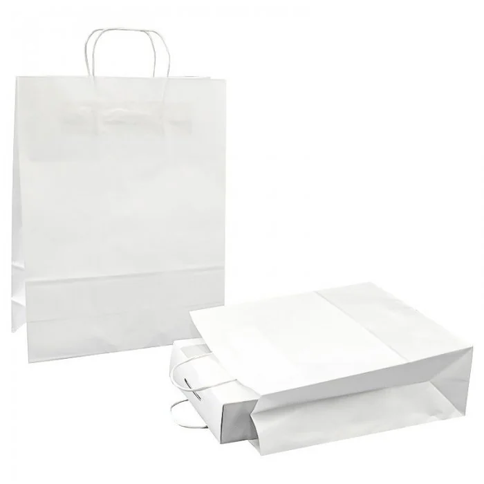 Pungi Hartie Cu Maner Rasucit, Alb/Natur Dimensiuni 180 x 90 x 250 mm, Tip Maner Sfoara, Material Hartie 90 gr/m2, Culoare Al...