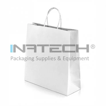 Pungi Hartie Cu Maner Rasucit, Alb/Natur Dimensiuni 180 x 90 x 250 mm, Tip Maner Sfoara, Material Hartie 90 gr/m2, Culoare Alb, Buc / Pachet 100