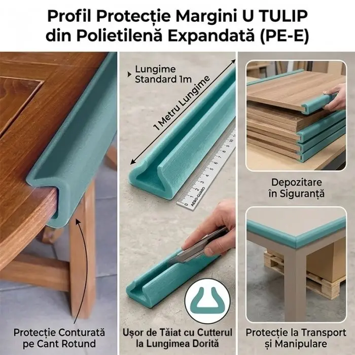 Profil Din Spuma PEE, U Tulip Lungime 1000 mm, Dimensiuni A-B-C-D 35 x 10 x 20 x 41 mm, Culoare Verde, Metri / Pachet 240-Pol...
